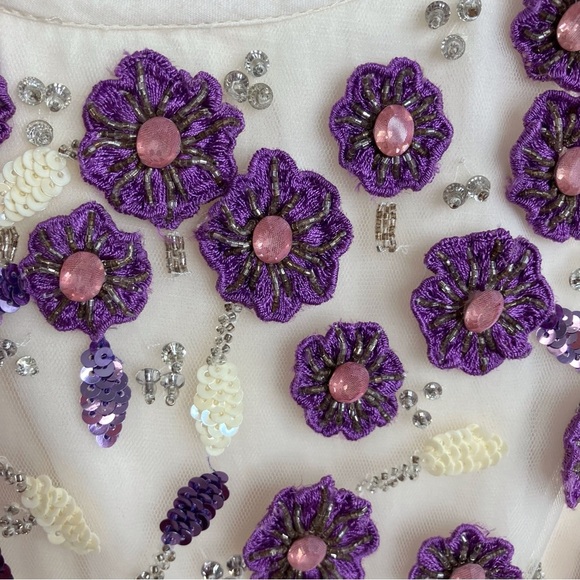 Tutu du Monde tulle dress long sleeve ivory w/‎ beaded purple flowers 2-3 years - Picture 6 of 8